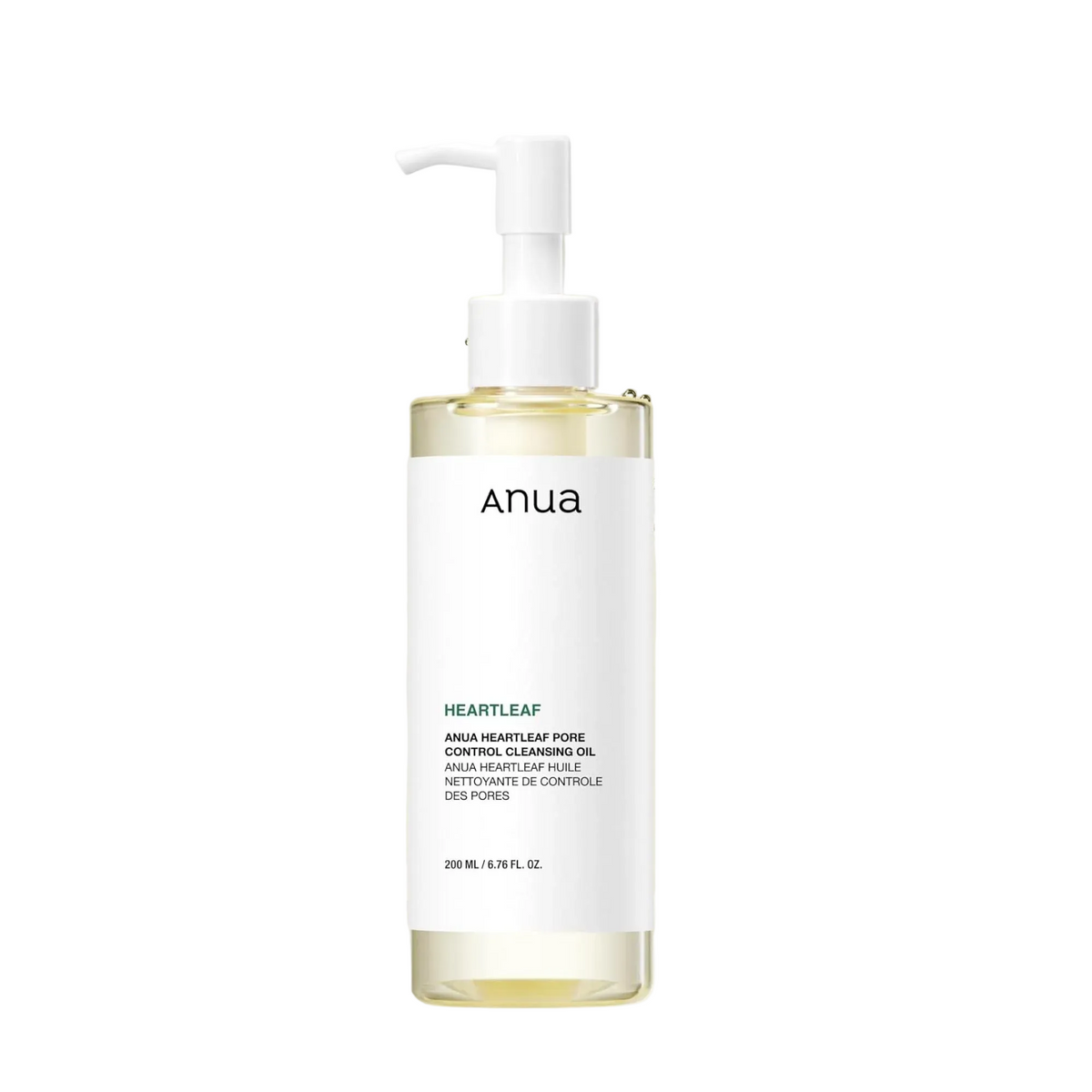 Anua Heartleaf Pore Control Cleansing Oil in a clear pump bottle with a white label, set against a pale yellow circular gel background on a white studio backdrop.